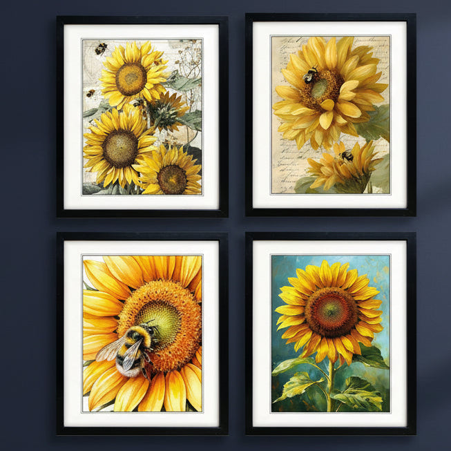 Set of four framed art prints featuring detailed illustrations of sunflowers and bees, arranged in a 2x2 grid on a white background.