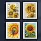 Set of four framed art prints featuring detailed illustrations of sunflowers and bees, arranged in a 2x2 grid on a white background.