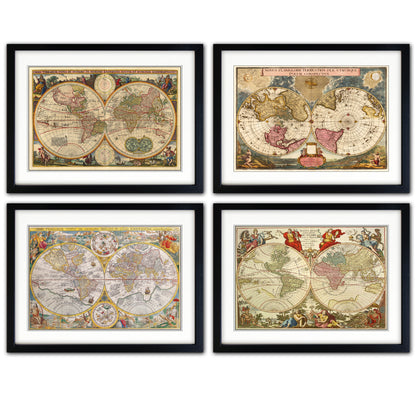 Set of four framed vintage world maps arranged in a 2x2 grid, each map in an ornate black frame with a white mat on a plain white background.