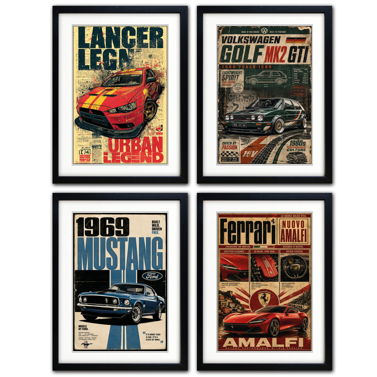 Set of four framed vintage-style car posters arranged in a 2x2 grid on a white background. The posters feature Lancer Legn Urban Legend, Volkswagen Golf MN2 GTI, 1969 Mustang Fastback, and Ferrari Amalfi, each in a black frame with white matting.