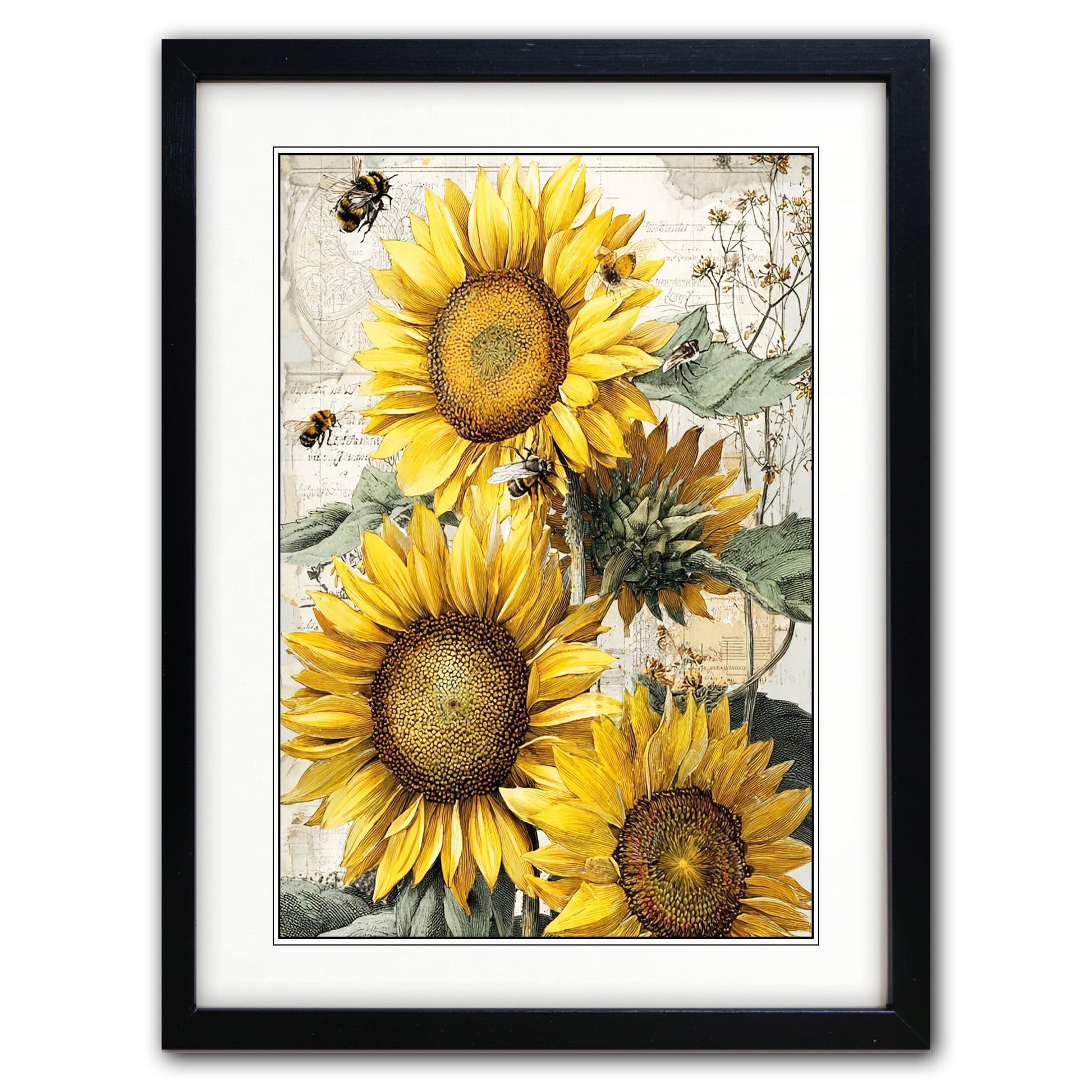 Framed wall art featuring three large yellow sunflowers with green leaves and small bumblebees on a vintage-style beige background, shown in a black frame with white matting.