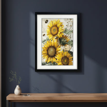 Framed wall art featuring three large yellow sunflowers with green leaves and small bumblebees on a vintage-style beige background, shown in a black frame with white matting.