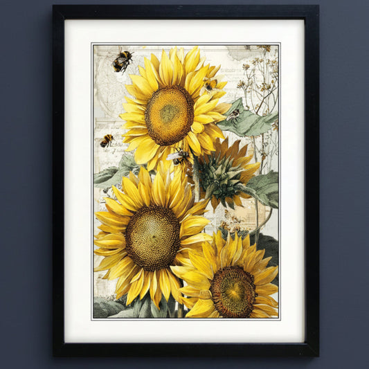 Framed wall art featuring three large yellow sunflowers with green leaves and small bumblebees on a vintage-style beige background, shown in a black frame with white matting.