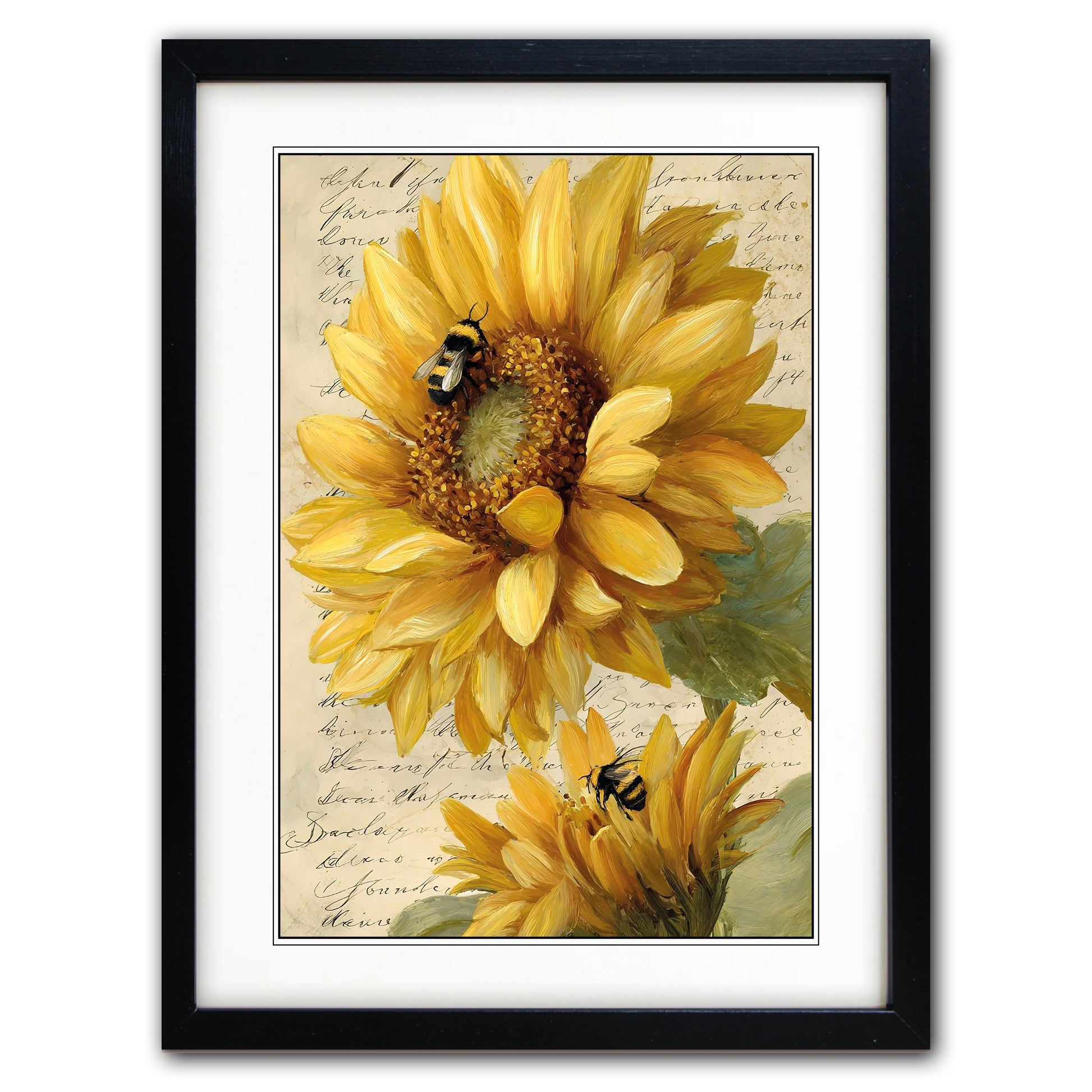 Framed wall art featuring a vintage-style print of two yellow sunflowers with bumblebees on a beige script background, enclosed in a black frame with white matting.