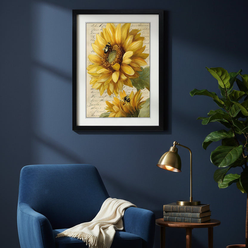 Framed wall art featuring a vintage-style print of two yellow sunflowers with bumblebees on a beige script background, enclosed in a black frame with white matting.