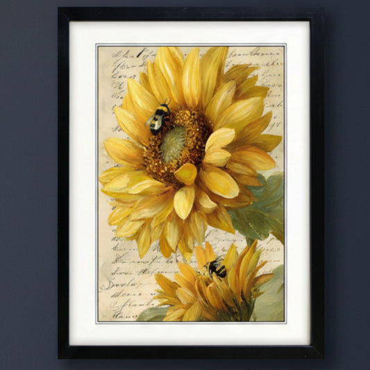 Framed wall art featuring a vintage-style print of two yellow sunflowers with bumblebees on a beige script background, enclosed in a black frame with white matting.