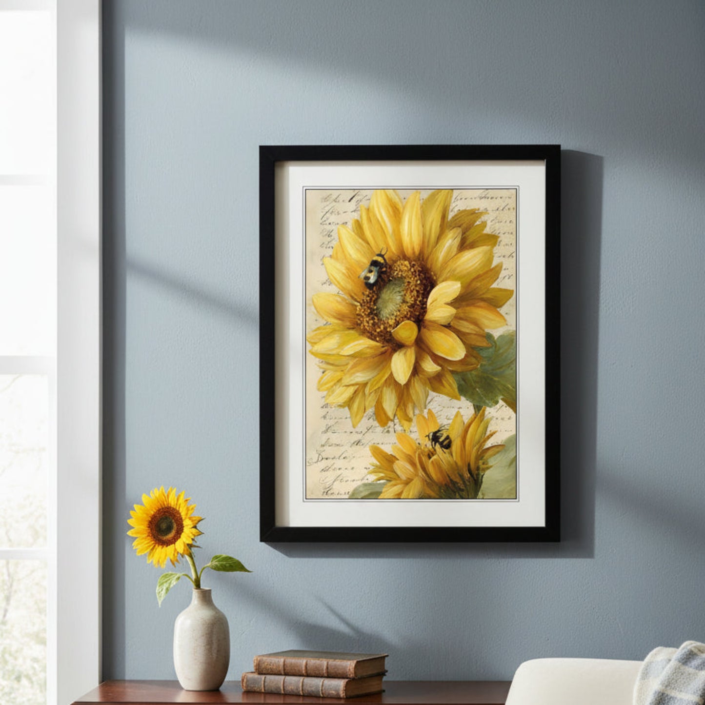 Framed wall art featuring a vintage-style print of two yellow sunflowers with bumblebees on a beige script background, enclosed in a black frame with white matting.