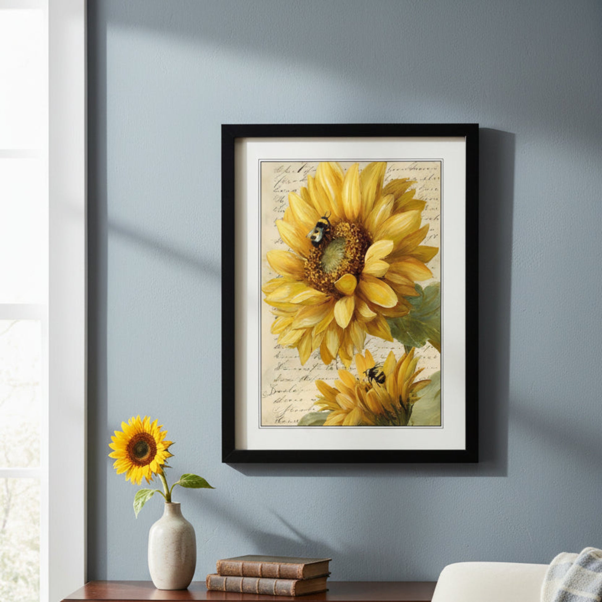 Framed wall art featuring a vintage-style print of two yellow sunflowers with bumblebees on a beige script background, enclosed in a black frame with white matting.