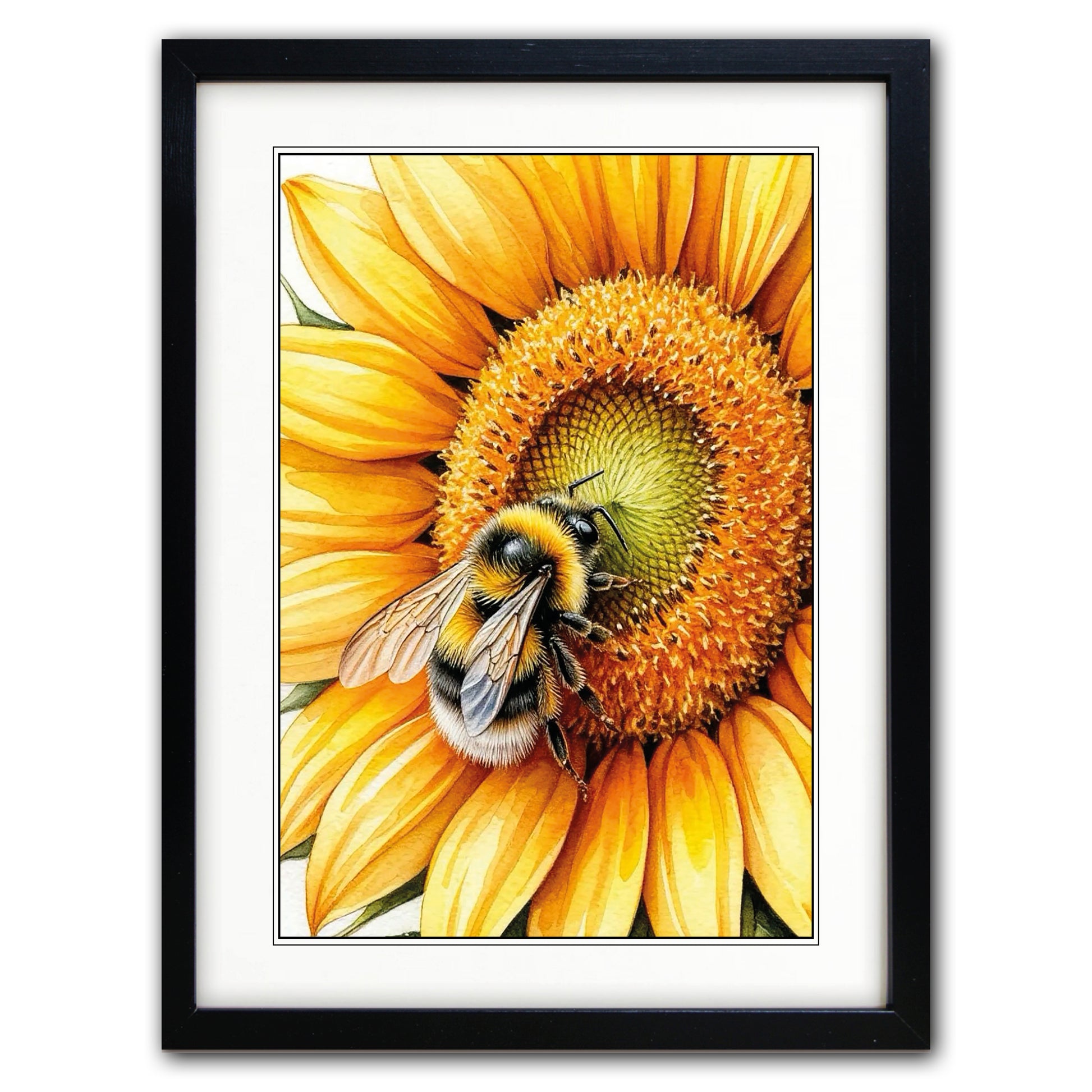 Framed art print featuring a close-up illustration of a bumblebee on a bright yellow sunflower, presented in a black frame with white matting against a white background.