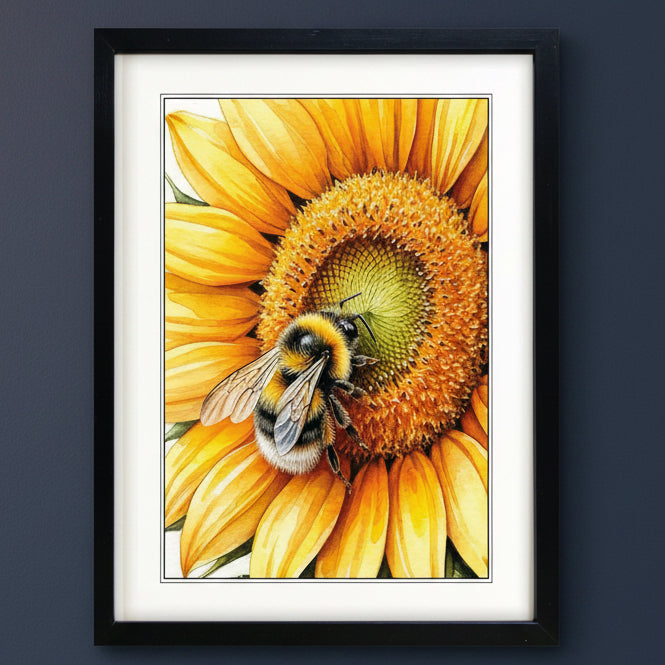 Framed art print featuring a close-up illustration of a bumblebee on a bright yellow sunflower, presented in a black frame with white matting against a white background.