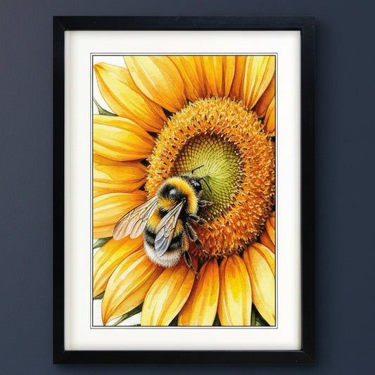 Framed art print featuring a close-up illustration of a bumblebee on a bright yellow sunflower, presented in a black frame with white matting against a white background.