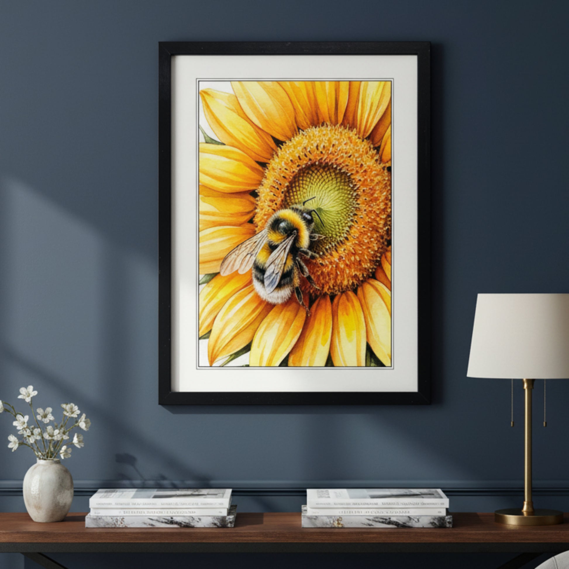 Framed art print featuring a close-up illustration of a bumblebee on a bright yellow sunflower, presented in a black frame with white matting against a white background.