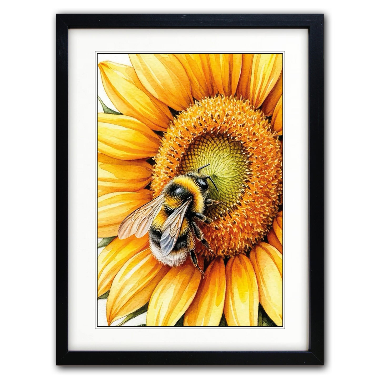 Framed art print featuring a close-up illustration of a bumblebee on a bright yellow sunflower, presented in a black frame with white matting against a white background.