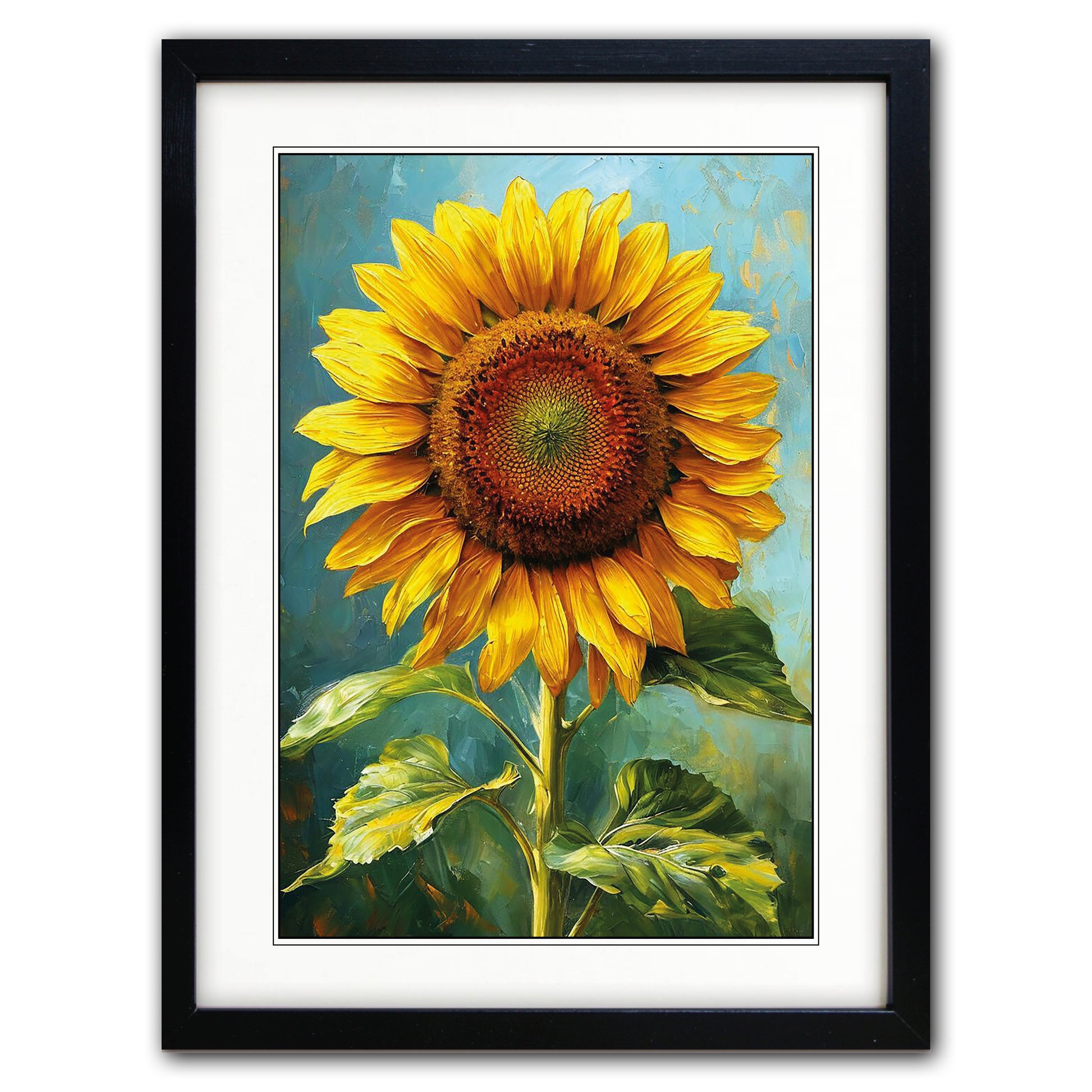 Framed canvas art print featuring a textured, impressionistic painting of a yellow sunflower with green leaves against a blue background, set in a black frame with a white mat.