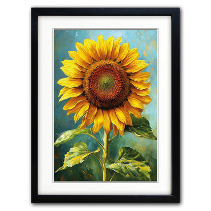 Framed canvas art print featuring a textured, impressionistic painting of a yellow sunflower with green leaves against a blue background, set in a black frame with a white mat.