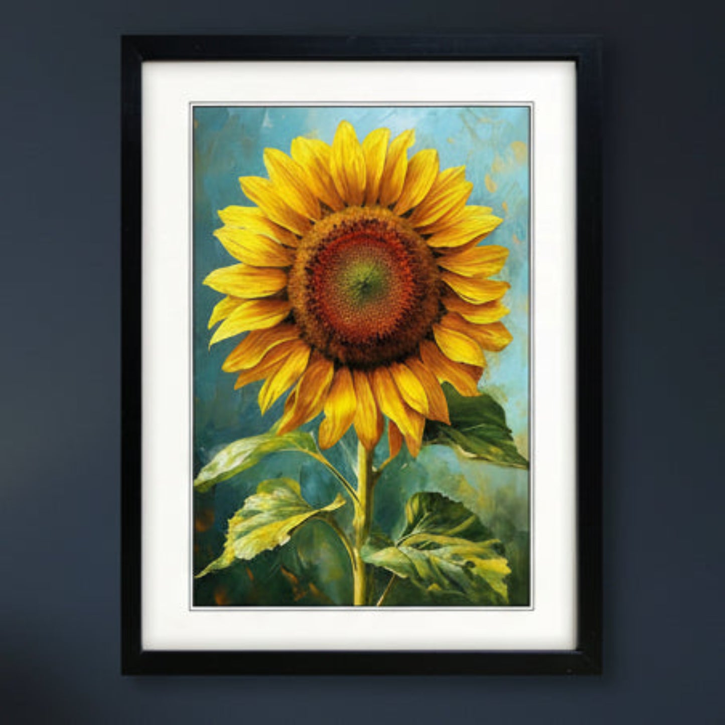 Framed canvas art print featuring a textured, impressionistic painting of a yellow sunflower with green leaves against a blue background, enclosed in a black frame with a white mat.