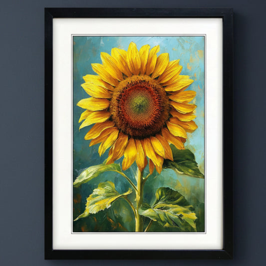 Framed canvas art print featuring a textured, impressionistic painting of a yellow sunflower with green leaves against a blue background, set in a black frame with a white mat.