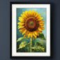 Framed canvas art print featuring a textured, impressionistic painting of a yellow sunflower with green leaves against a blue background, set in a black frame with a white mat.