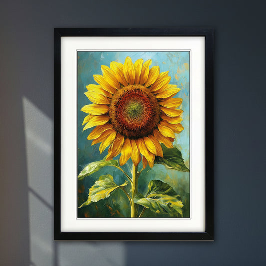 Framed canvas art print featuring a textured, impressionistic painting of a yellow sunflower with green leaves against a blue background, set in a black frame with a white mat.