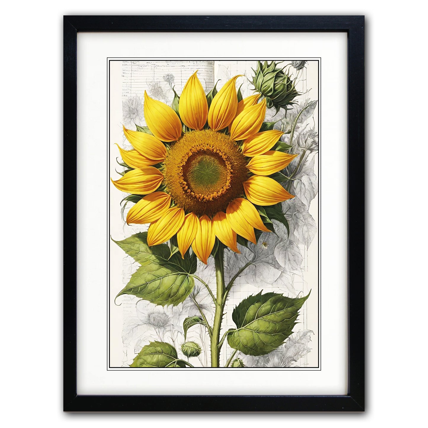 Framed botanical art print featuring a large yellow sunflower with green leaves on a white and gray vintage-style background, enclosed in a black frame.