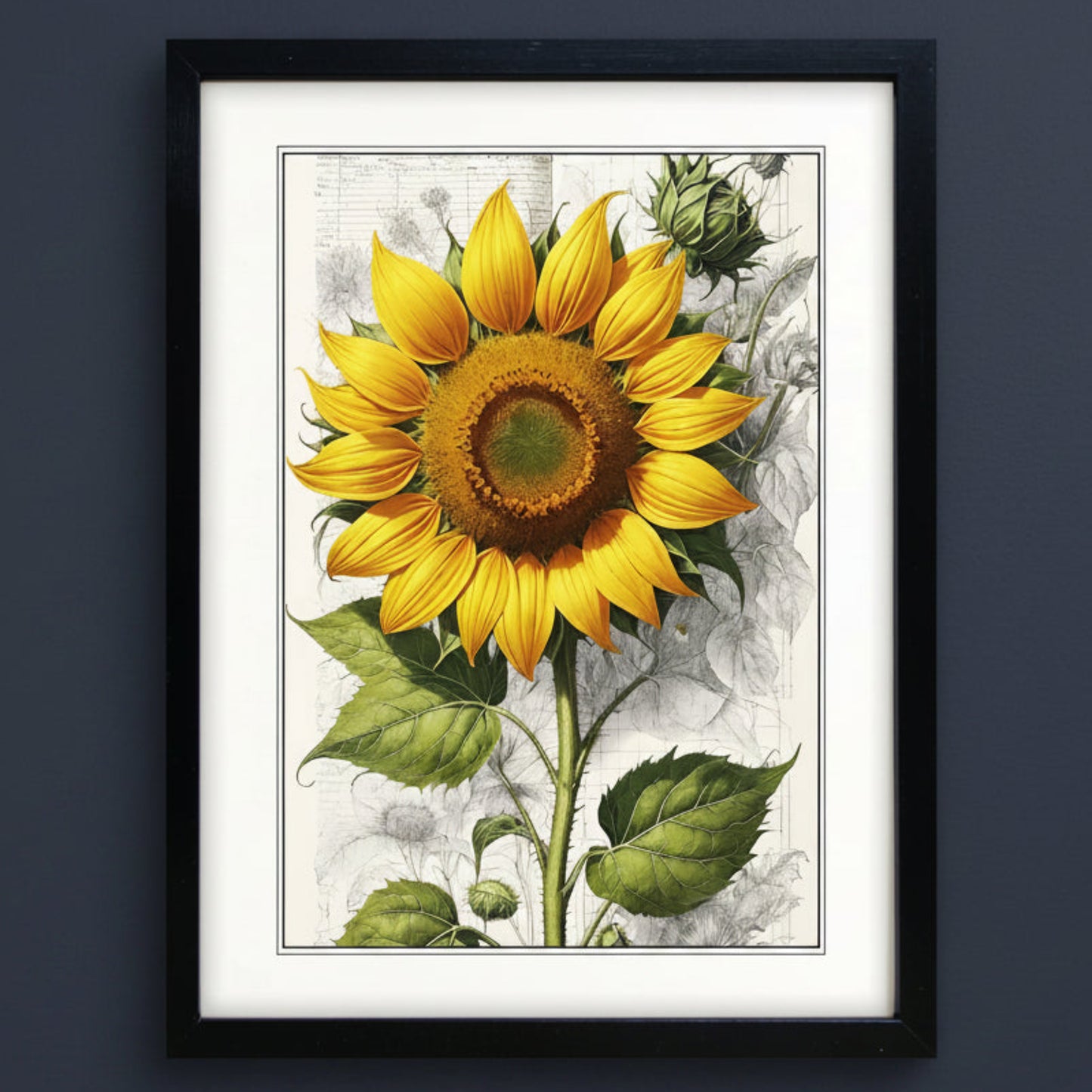 Framed botanical art print featuring a large yellow sunflower with green leaves on a white and gray vintage-style background, enclosed in a black frame.