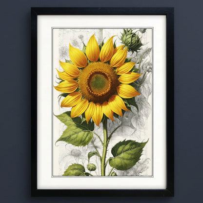 Framed botanical art print featuring a large yellow sunflower with green leaves on a white and gray vintage-style background, enclosed in a black frame.