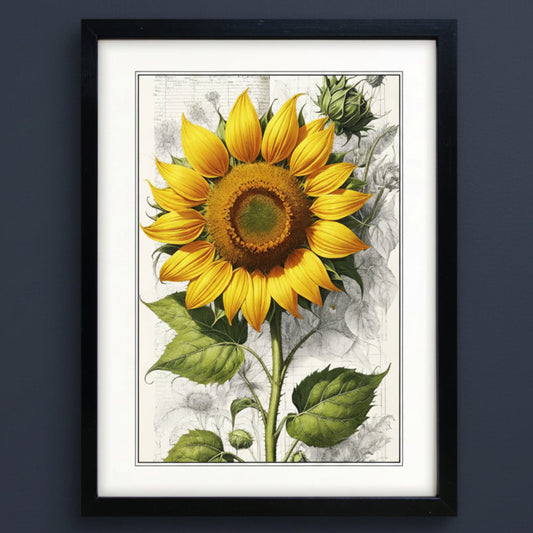 Framed botanical art print featuring a large yellow sunflower with green leaves on a white and gray vintage-style background, enclosed in a black frame.