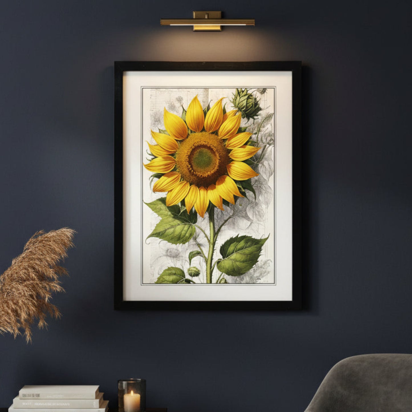 Framed botanical art print featuring a large yellow sunflower with green leaves on a white and gray vintage-style background, enclosed in a black frame.
