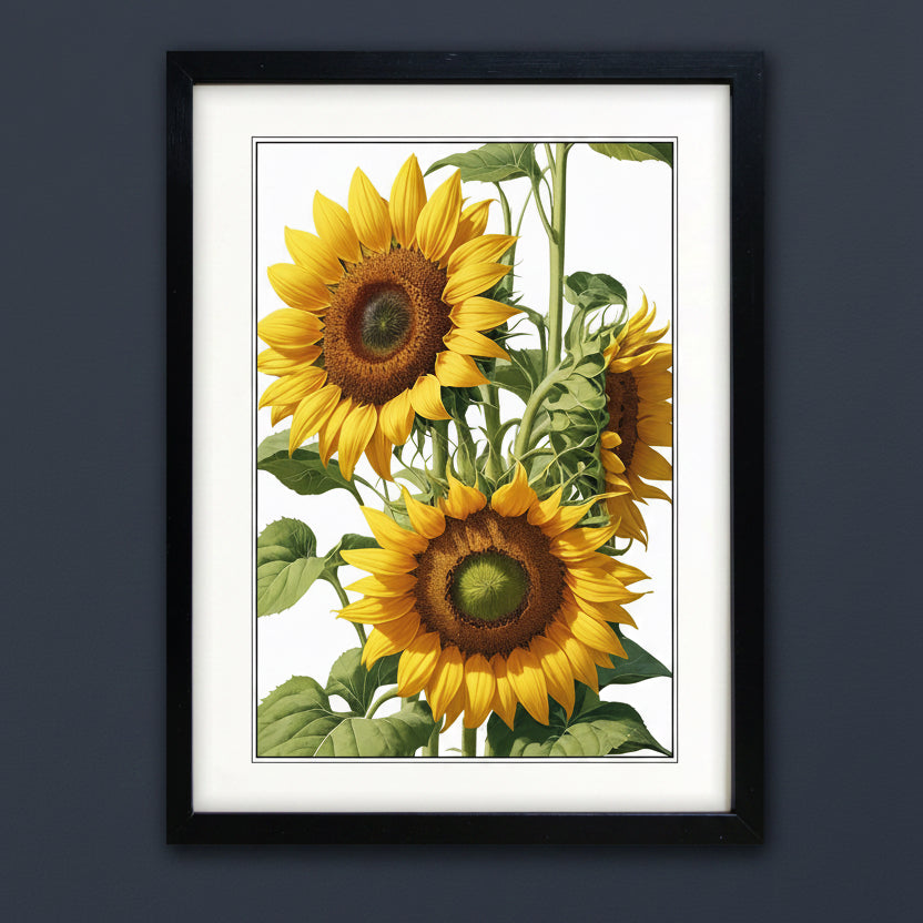 Framed botanical art print featuring three yellow sunflowers with green leaves on a white background, enclosed in a black frame with a white mat.