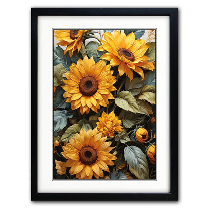 Framed wall art featuring a close-up floral print of bright yellow sunflowers with green and gray-blue leaves, presented in a black frame with a white mat against a light gray background.