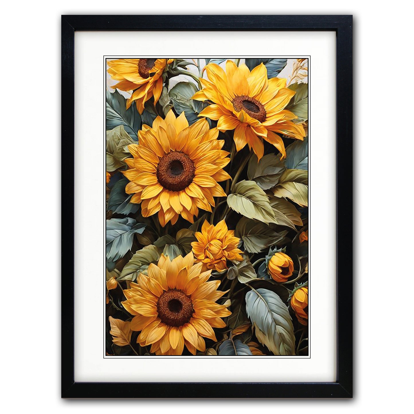 Framed wall art featuring a close-up floral print of bright yellow sunflowers with green and gray-blue leaves, presented in a black frame with a white mat against a light gray background.