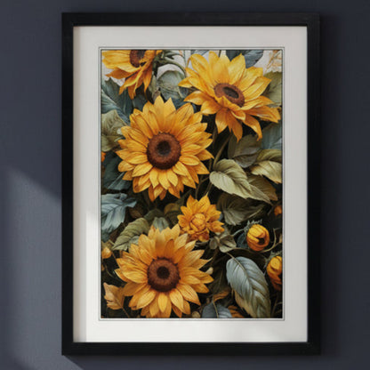 Framed wall art featuring a close-up floral print of bright yellow sunflowers with green and gray-blue leaves, presented in a black frame with a white mat against a light gray background.