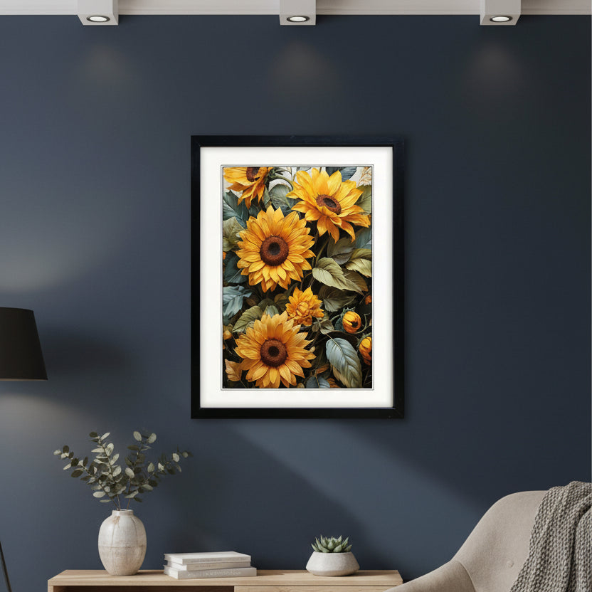 Framed wall art featuring a close-up floral print of bright yellow sunflowers with green and gray-blue leaves, presented in a black frame with a white mat against a light gray background.
