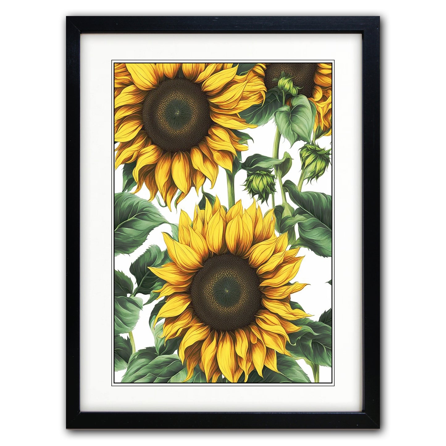 Framed wall art featuring a botanical illustration of three yellow sunflowers with green leaves on a white background, enclosed in a black frame with a white mat.