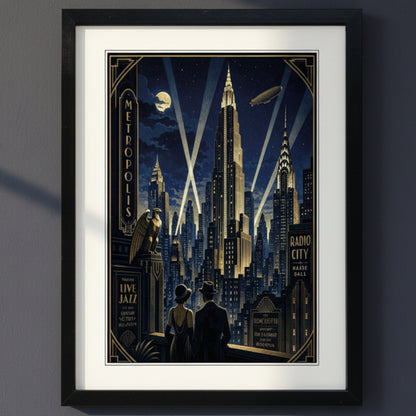 A framed Art Deco style poster depicting a nighttime New York City skyline with illuminated skyscrapers, spotlights, a moon, and silhouetted figures in the foreground, shown in a black frame with white mat on a light gray background.