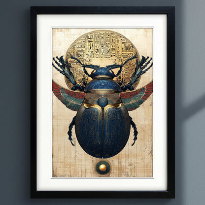Framed wall art featuring a detailed beetle illustration with wings and an Egyptian-style circular emblem behind it, shown in a black frame against a dark gray wall.
