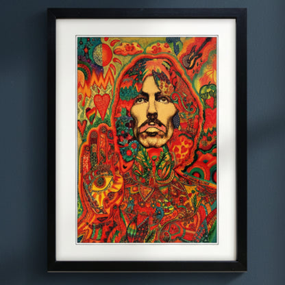 A framed psychedelic art print featuring a stylized portrait of Jim Morrison surrounded by intricate red, orange, yellow, and green patterns, enclosed in a black frame with a white mat.