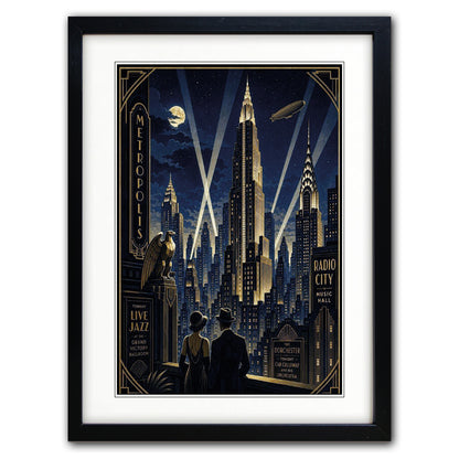 A framed Art Deco style poster depicting a nighttime New York City skyline with illuminated skyscrapers, spotlights, a moon, and silhouetted figures in the foreground, shown in a black frame with white mat on a light gray background.