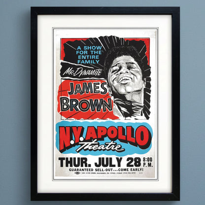 James brown vintage gig poster on dark blue wall 