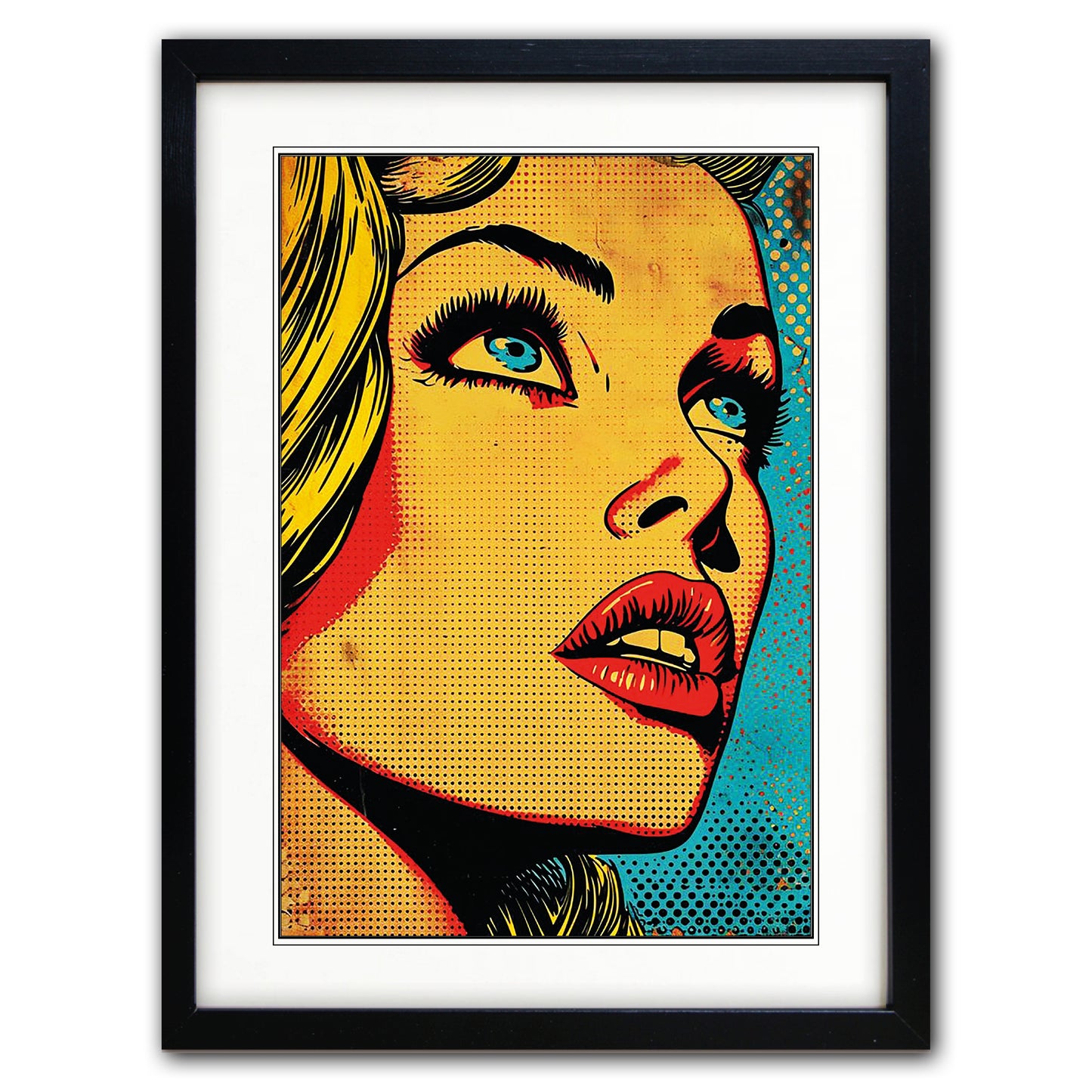 Framed pop art print featuring a stylized close-up portrait of a woman's face in bold yellow, orange, red, blue, and black halftone colors, shown against a plain white background.