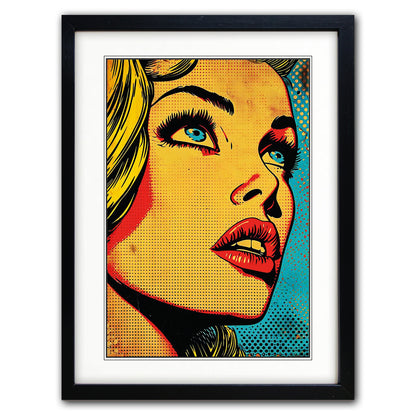 Framed pop art print featuring a stylized close-up portrait of a woman's face in bold yellow, orange, red, blue, and black halftone colors, shown against a plain white background.