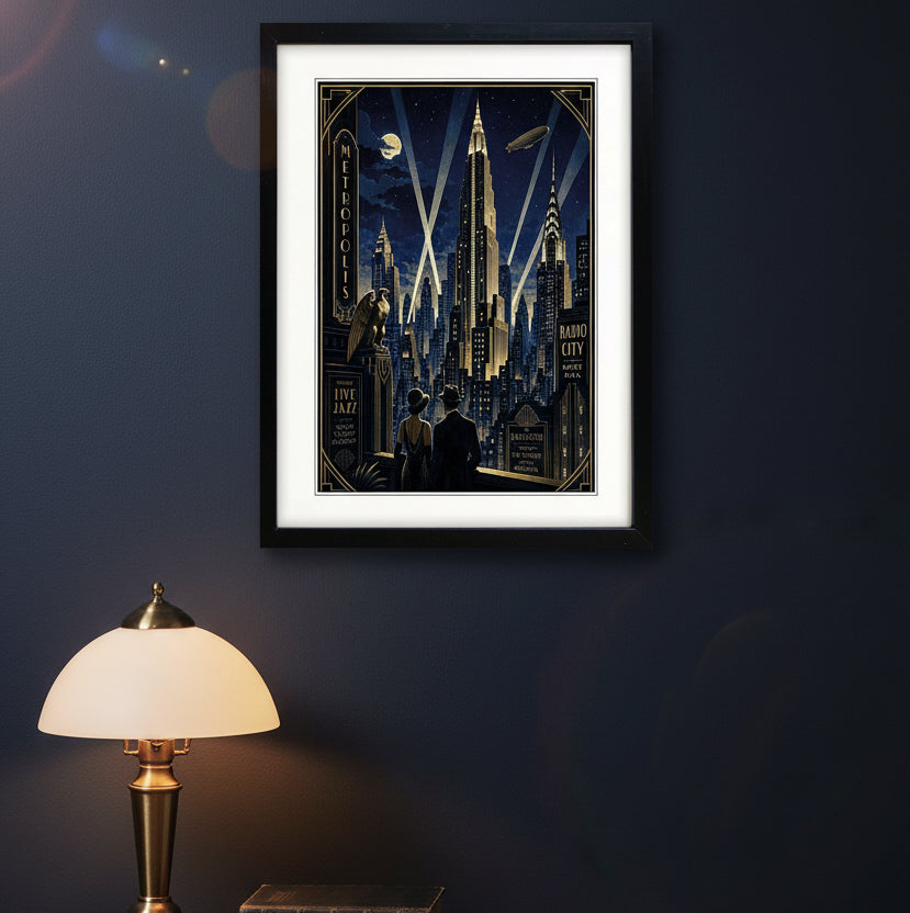 A framed Art Deco style poster depicting a nighttime New York City skyline with illuminated skyscrapers, spotlights, a moon, and silhouetted figures in the foreground, shown in a black frame with white mat on a light gray background.
