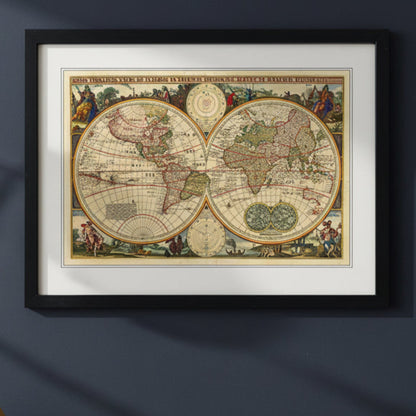 A framed vintage double-hemisphere world map print with an ornate black frame and white mat, shown against a plain white background.