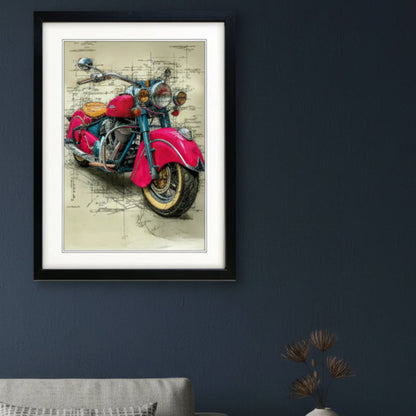 A framed art print of a vintage red and blue motorcycle on a beige background, displayed on a dark navy blue wall above a gray sofa with a patterned pillow.