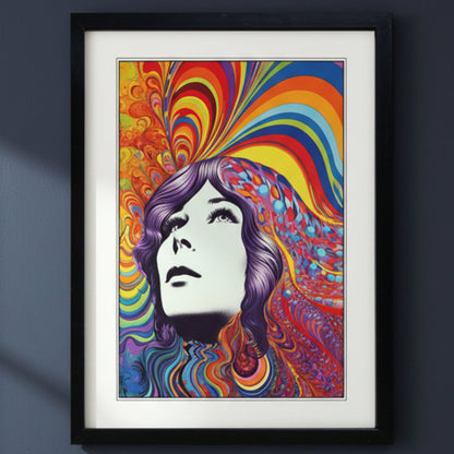 A framed art print featuring a psychedelic portrait of a woman with flowing multicolored hair and swirling rainbow patterns, presented in a black frame with a white mat against a light gray background.
