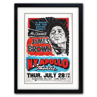 James brown vintage gig poster prnt hung on a dark blue concrete wall 