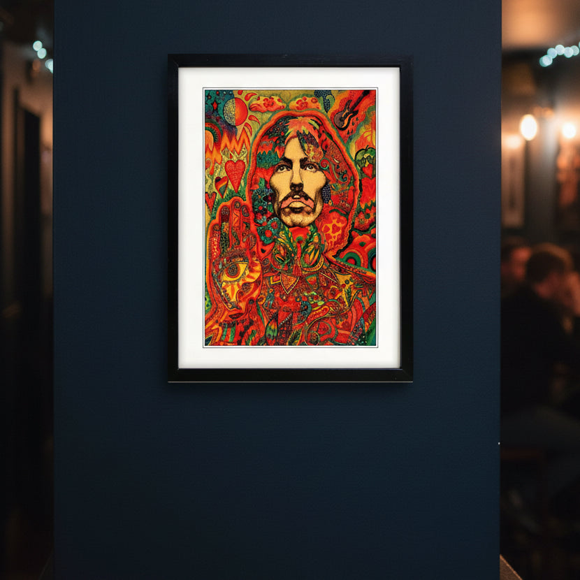 A framed psychedelic art print featuring a stylized portrait of Jim Morrison surrounded by intricate red, orange, yellow, and green patterns, enclosed in a black frame with a white mat.