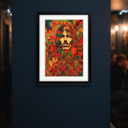 A framed psychedelic art print featuring a stylized portrait of Jim Morrison surrounded by intricate red, orange, yellow, and green patterns, enclosed in a black frame with a white mat.