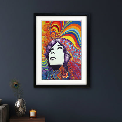 A framed psychedelic art print featuring a stylized portrait of a woman with flowing multicolored hair and swirling rainbow patterns, presented in a black frame with a white mat against a light gray background.