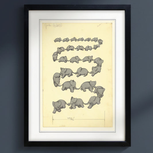 A framed art print featuring a vintage scientific illustration of elephant embryos arranged in wavy rows on a pale yellow background, enclosed in a black frame with a white mat.
